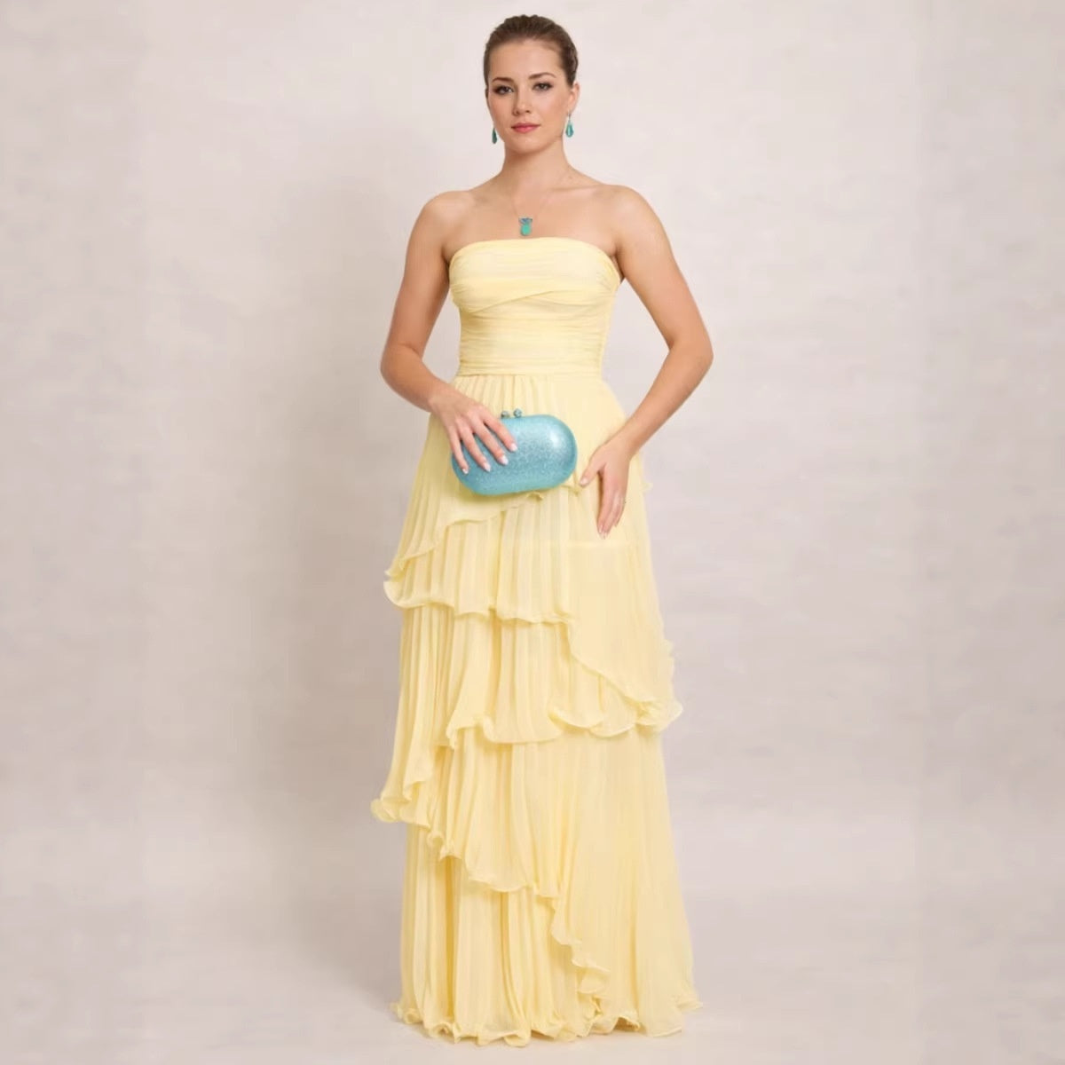 Solid-color Strapless Waist-cinching Tiered Pleated Dress by Ricaloux