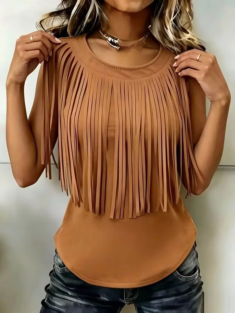 Womens Stylish Casual Tassel Sleeveless Top by Ricaloux