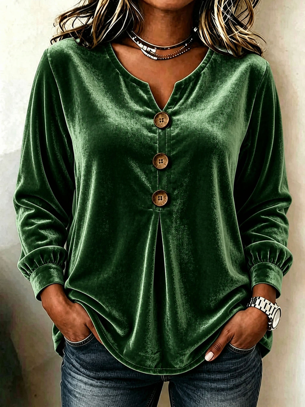 Elegant V-neck Buttoned Long-sleeve Velvet Blouse For Women – Premium 0 | RICALOUX