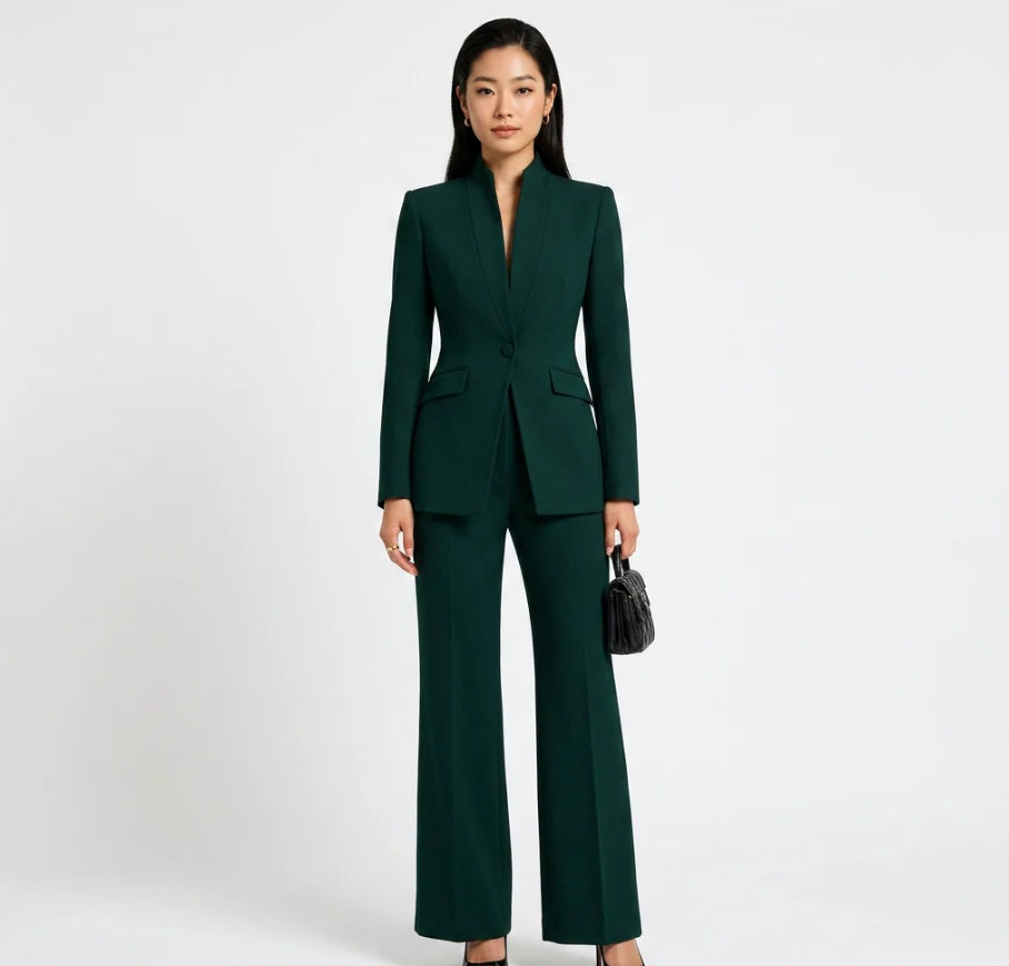 Stand Collar Single Button Fitted Blazer & High Waist Full Flare Suit Trousers 2-Piece Formal Suit Set – Premium 4 | RICALOUX