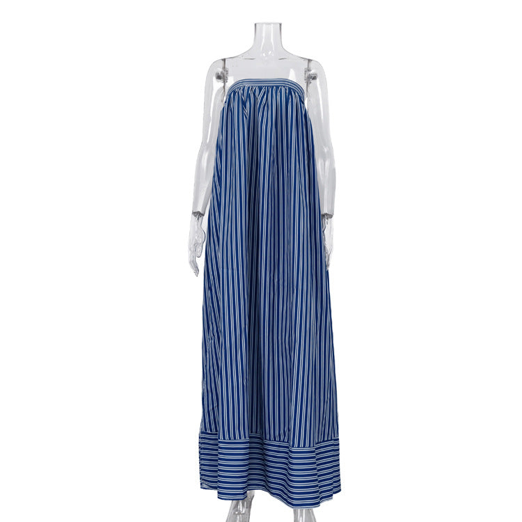 Strapless Blue And White Striped Maxi Dress by Ricaloux