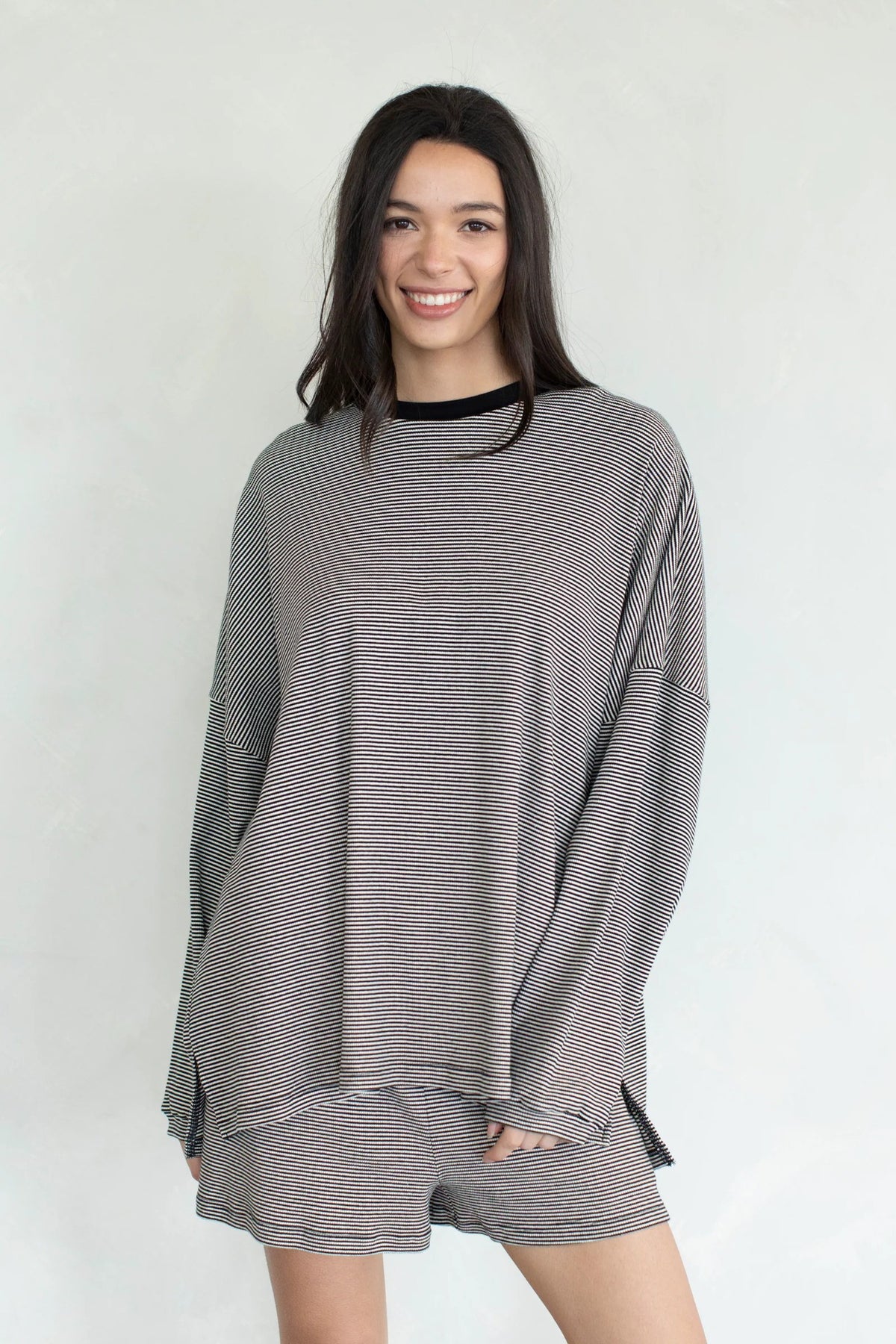 Striped Color Block Crew Neck Long Sleeve T-Shirt And Shorts Two Piece Set by Ricaloux