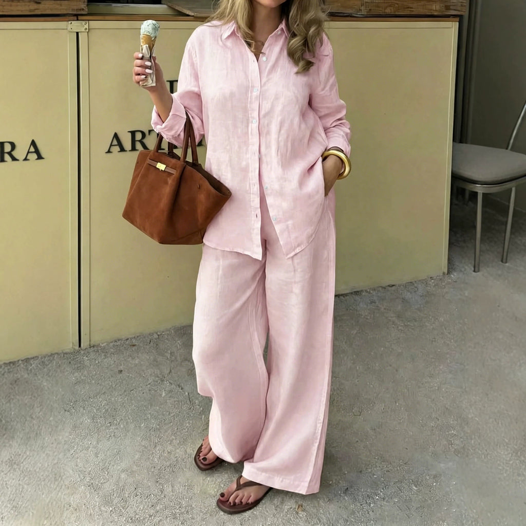 Simple Linen Two-piece Set With A Lapel And Long Sleeves by Ricaloux