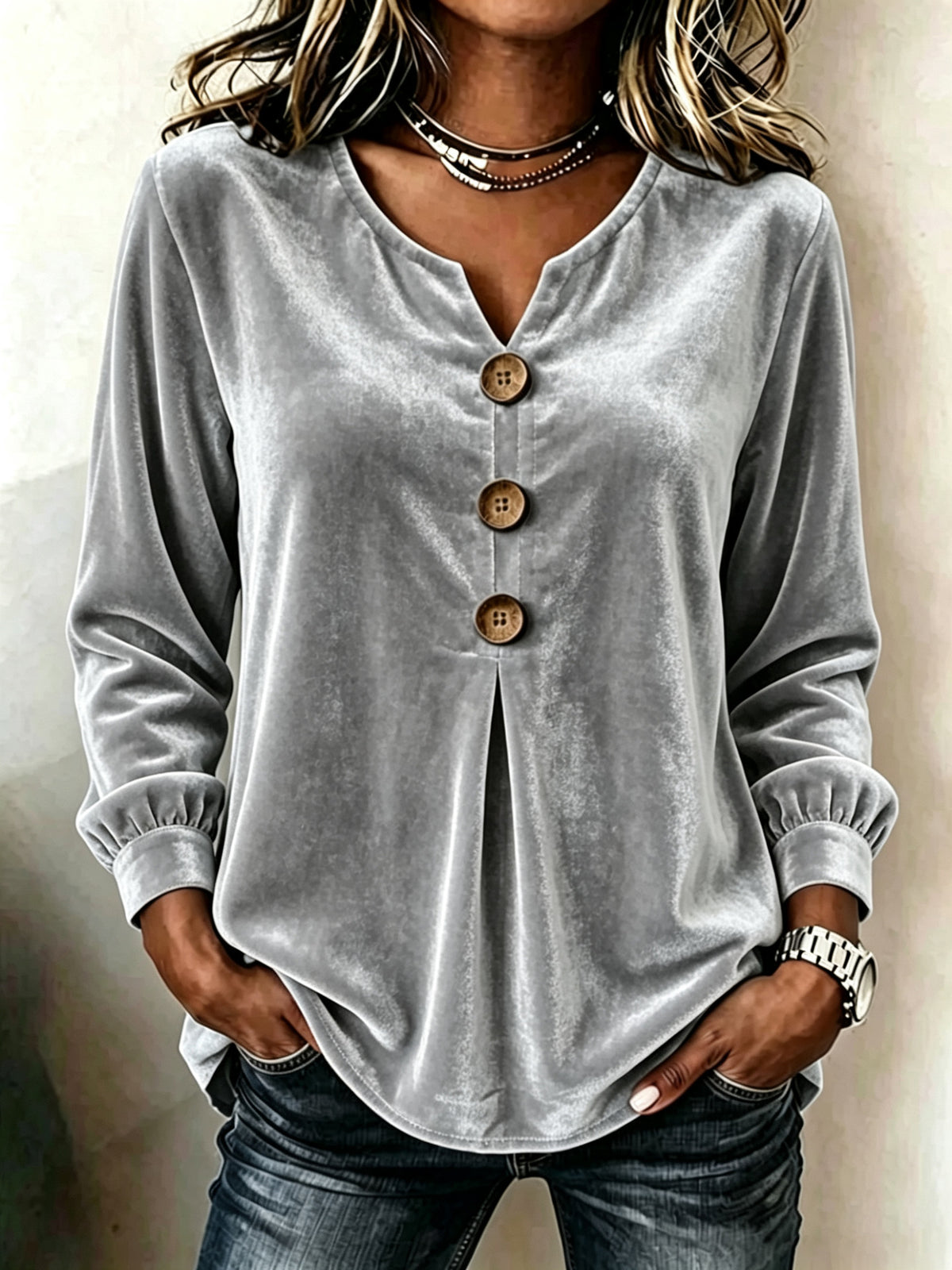 Elegant V-neck Buttoned Long-sleeve Velvet Blouse For Women by Ricaloux