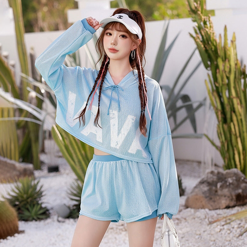 Gray Hooded Long-sleeve Hot Spring Resort Swimsuit – Premium 0 | RICALOUX