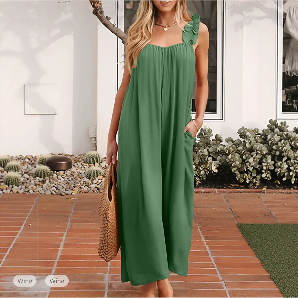 Casual Resort Wide-leg Pants With Straps Ruffled Edges And Pockets by Ricaloux