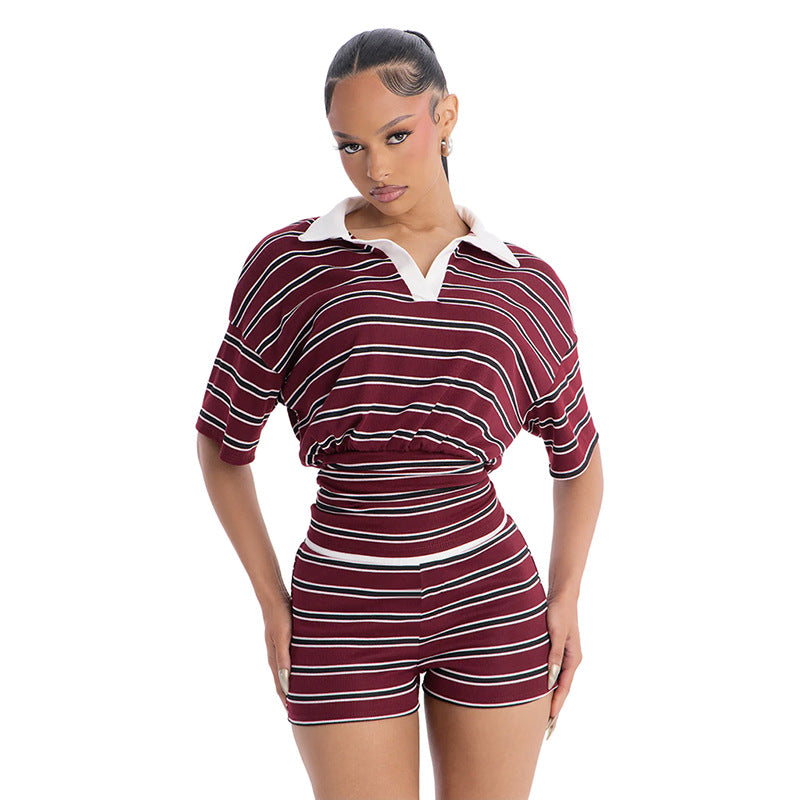 Womens Color-block Lapel Top And Shorts Set by Ricaloux
