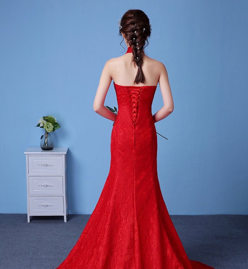 Big Red Wedding Dress Bride Large Size Waist Fishtail Wedding Dress Fishtail Tail Korean Hanging Neck - RICALOUX