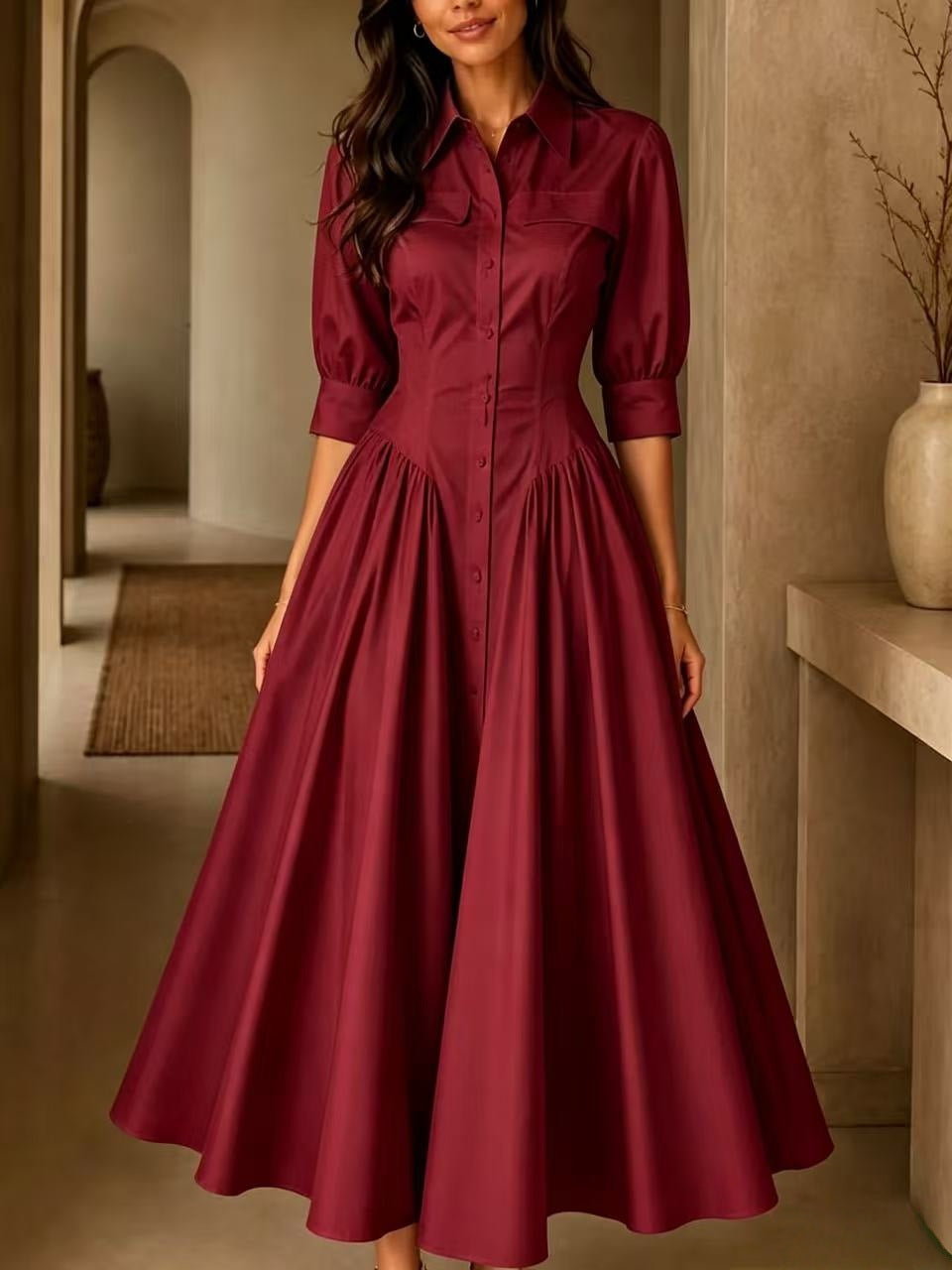 Cotton-linen Blend Single-breasted High-waisted Solid-color Dress by Ricaloux