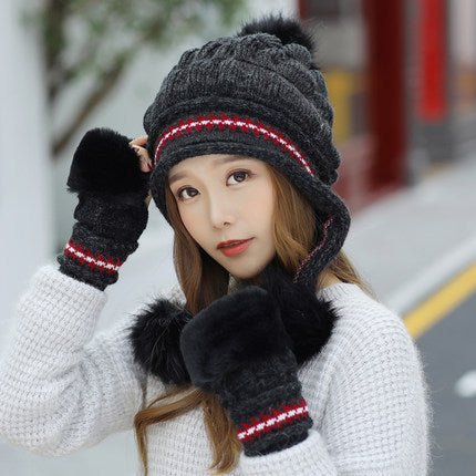 Cozy Knit Fleece-Feel Beanie With Ear Flaps & Pompom Warm Winter Hat For Women Perfect For Skiing & Outdoor Activities - RICALOUX