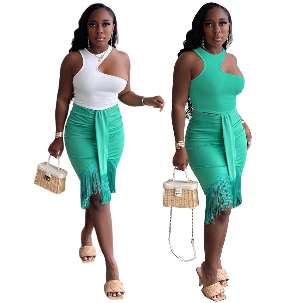 Women's Irregular Vest Fringed Skirt Suit - RICALOUX