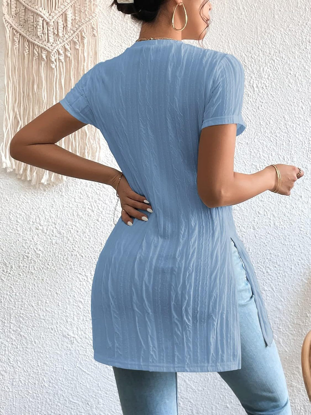 Women's Textured Short Sleeve Side Slit Tunic Top - Casual Loose Fit Longline Blouse by Ricaloux