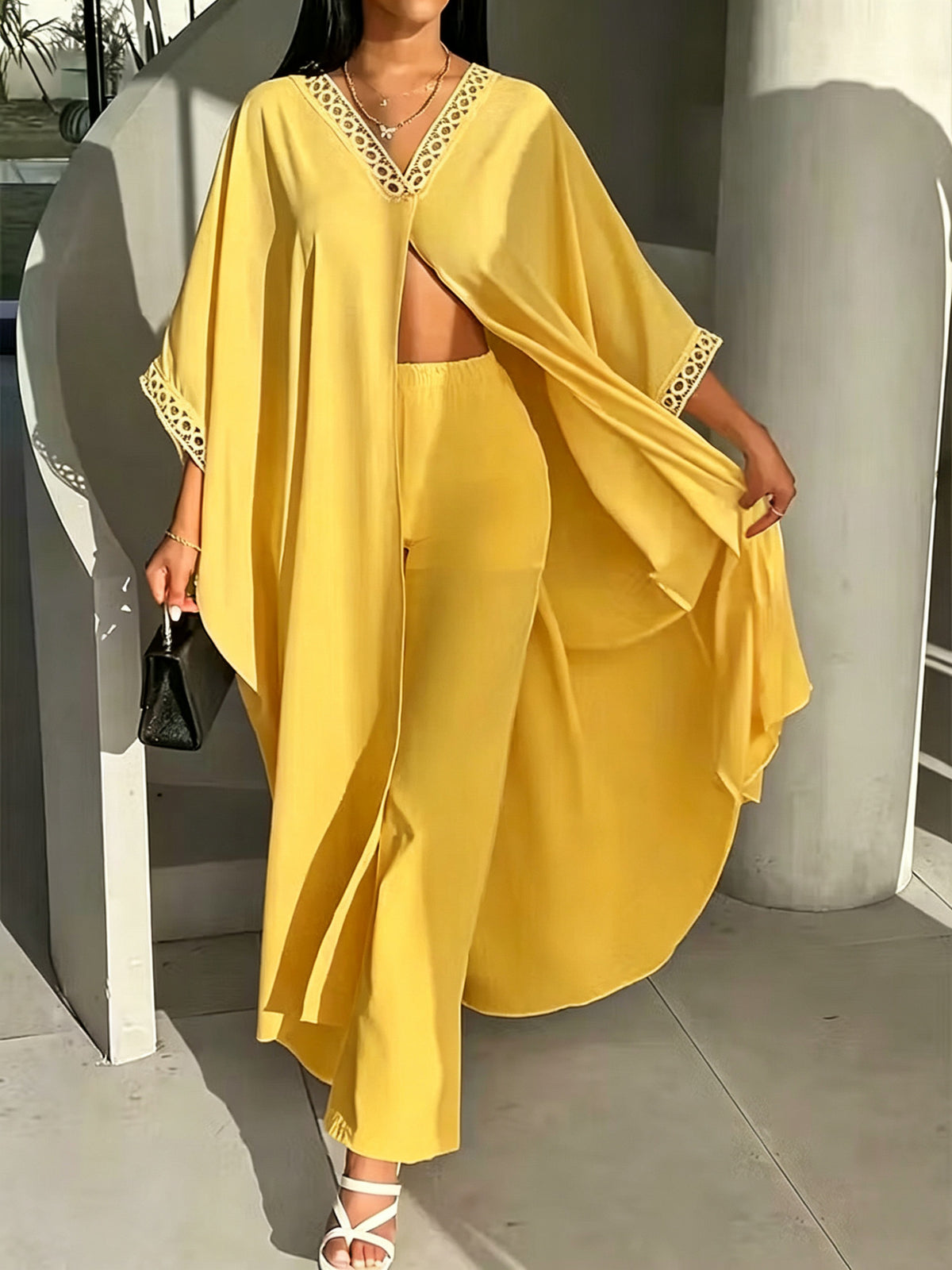 Womens Loose-Fit Batwing-Sleeve Lace V-Neck Coat And Pants Set by Ricaloux