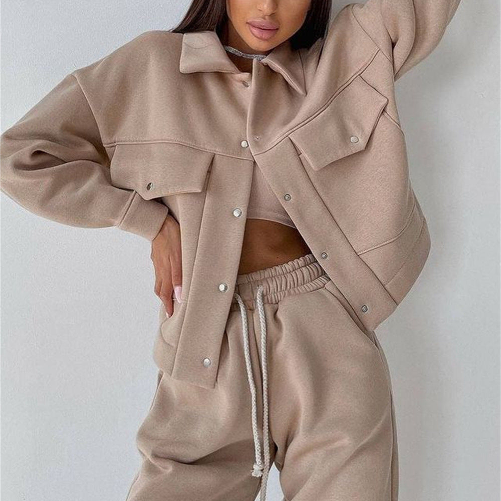 Casual Long-sleeve Two-piece Set Single-breasted Jacket And Sweatshirt by Ricaloux