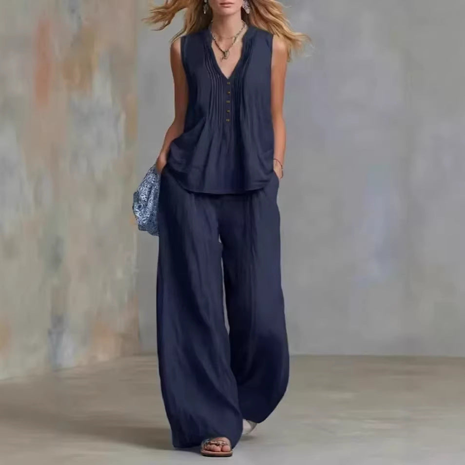 Fashionable Casual Solid-color V-neck Pleated Loose-fit Sleeveless Two-piece Set With Long Pants – Premium 0 | RICALOUX