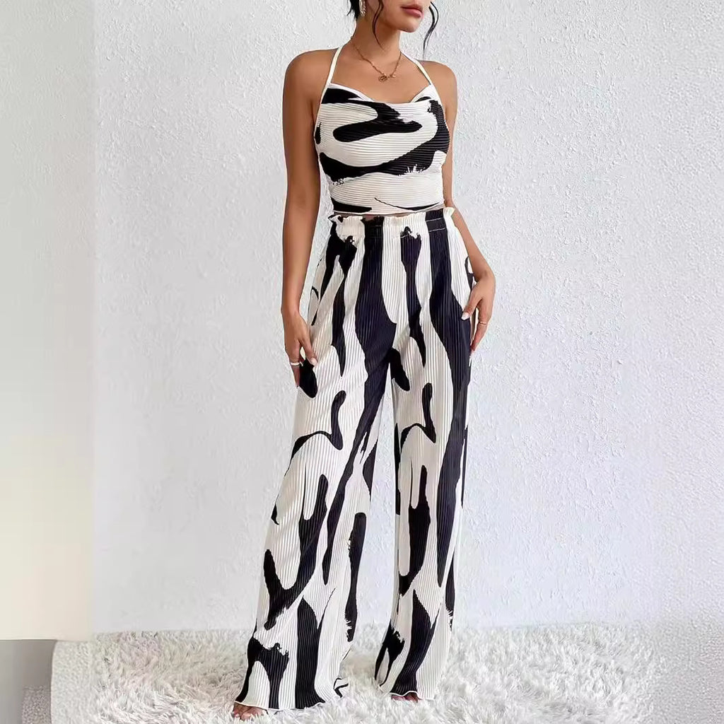 Large-Check Print Halterneck Wide-Leg Pants Casual Set by Ricaloux