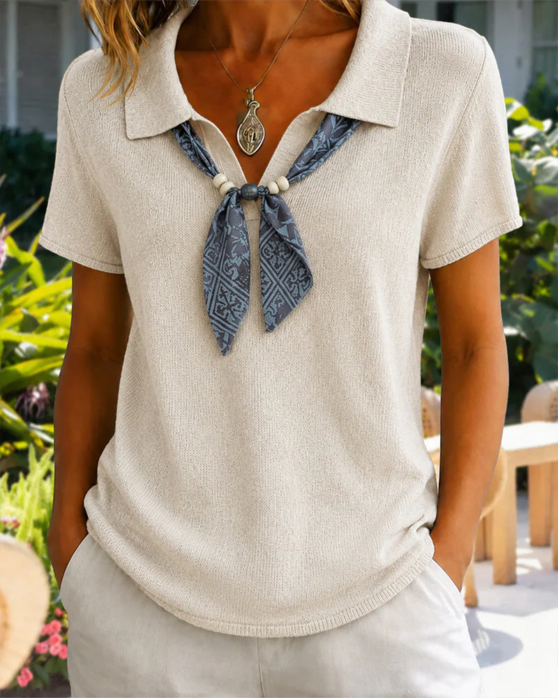 Womens Knitted Polo-neck Top With Short Sleeves And A Ribbon Detail by Ricaloux