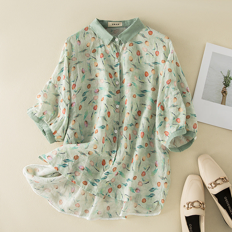 Literary Vintage Lightweight Breathable Short-sleeve Printed Shirt by Ricaloux