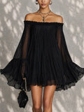 Lotus-Leaf Flared Long-Sleeve Sheer Dress by Ricaloux