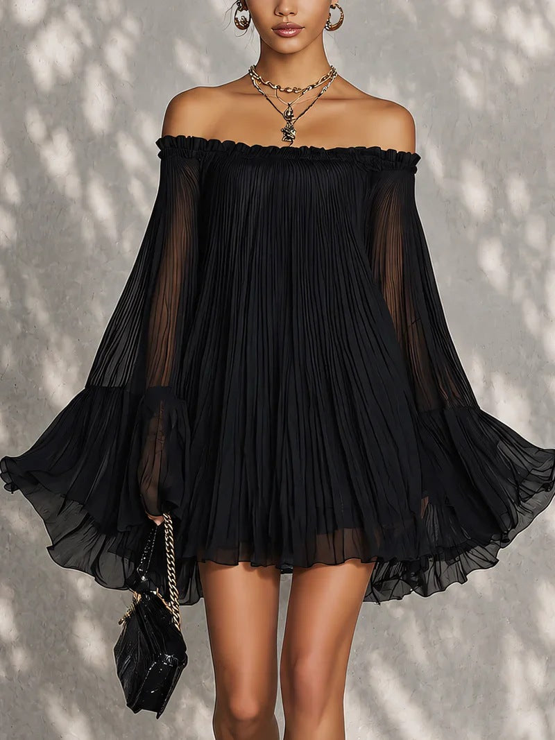 Lotus-Leaf Flared Long-Sleeve Sheer Dress by Ricaloux