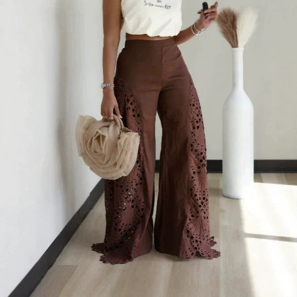 Womens Versatile Lace Hollow-out Patchwork High-waisted Solid-color Wide-leg Pants – Premium 0 | RICALOUX