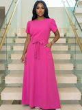Womens Solid-Color Loose-Fit Short-Sleeve Dress With Belt by Ricaloux