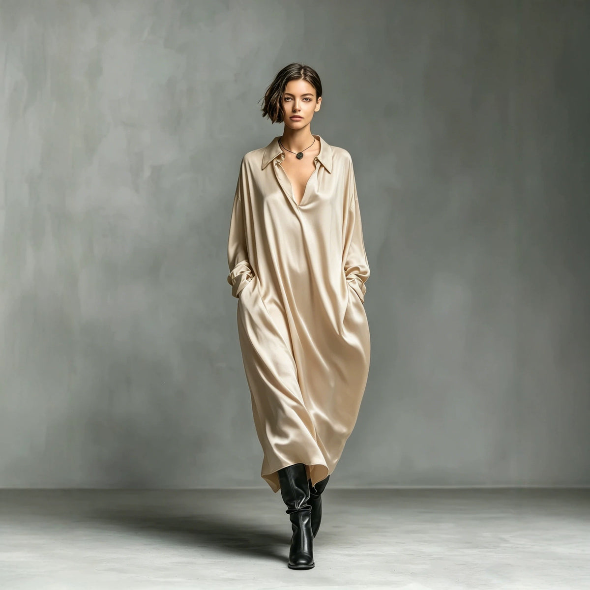 Solid-color Satin Long-sleeve Shirt Dress by Ricaloux