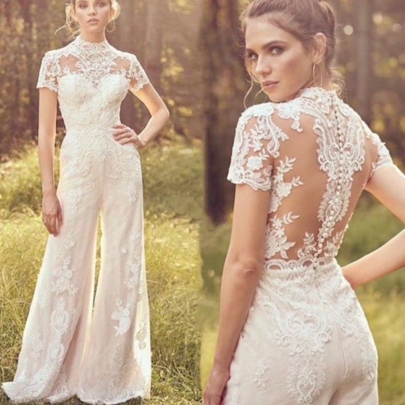 Bride Pants Suit Wedding Bridal Gowns Short Sleeve Jumpsuit - RICALOUX