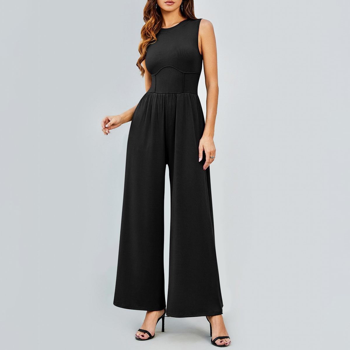 Womens Round-neck Solid-color Sleeveless Slim-fit Long Casual Jumpsuit by Ricaloux