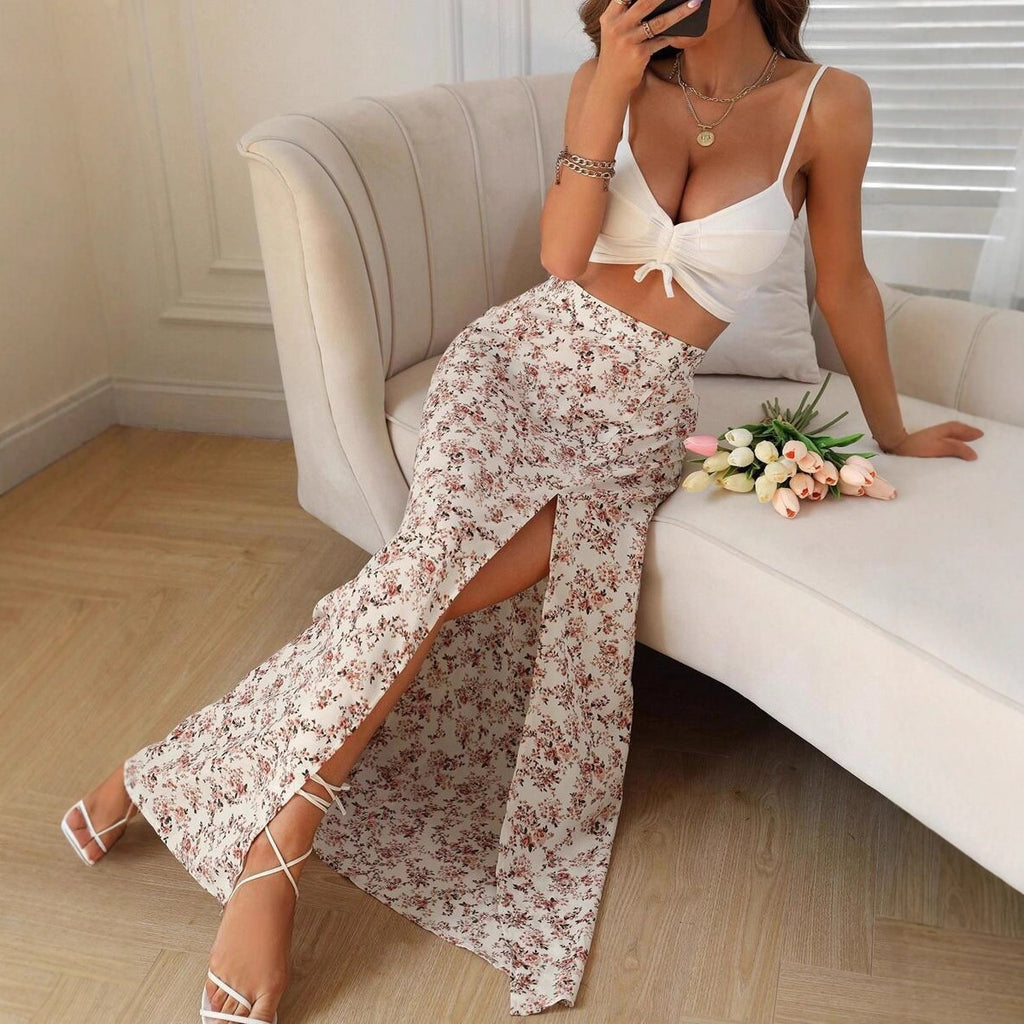 Women's Floral Print Long Skirt with High Slit - Elegant Flowy Maxi Skirt for Summer Casual Wear by Ricaloux