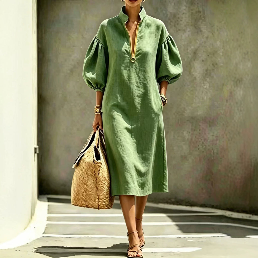 Summer Casual Loose-fit Stand-collar Puff-sleeve Dress by Ricaloux