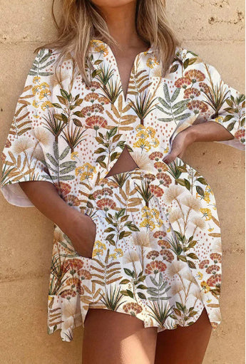 Women's Fashion Printed Casual Vacation Style Cardigan Shorts Suit by Ricaloux
