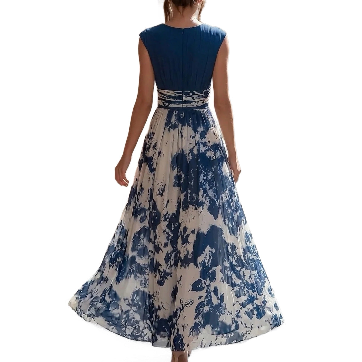 Sleeveless V-neck Blue-and-white Porcelain Print Dress by Ricaloux