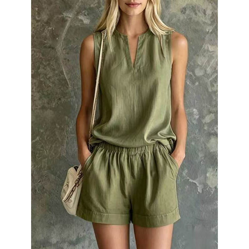 Casual Commuter Cotton-Linen V-Neck Sleeveless Top And Shorts Two-Piece Set by Ricaloux