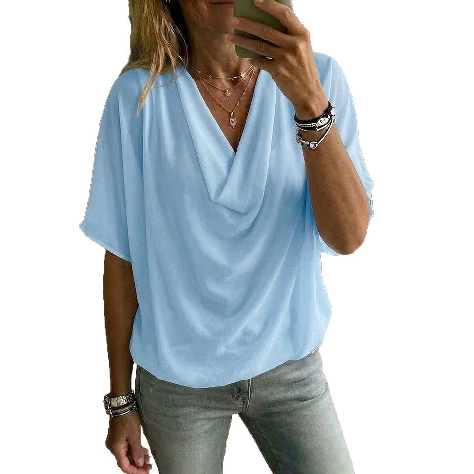 Womens Summer Loose-fit Batwing-sleeve Solid-color Draped Short-sleeve Elegant Top by Ricaloux
