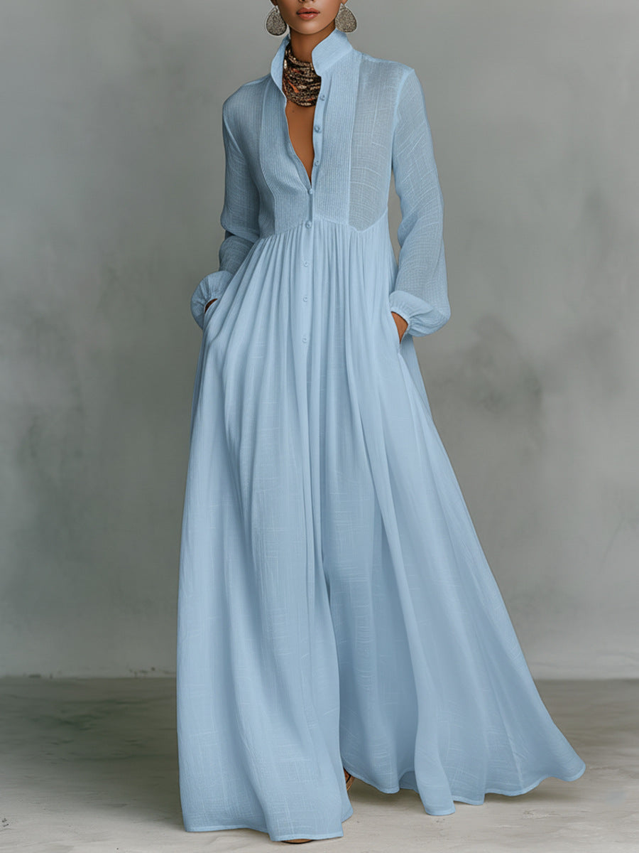 Elegant Stand Collar Button Down Maxi Dress - Long Sleeve Pleated Flowy Gown With Pockets by Ricaloux