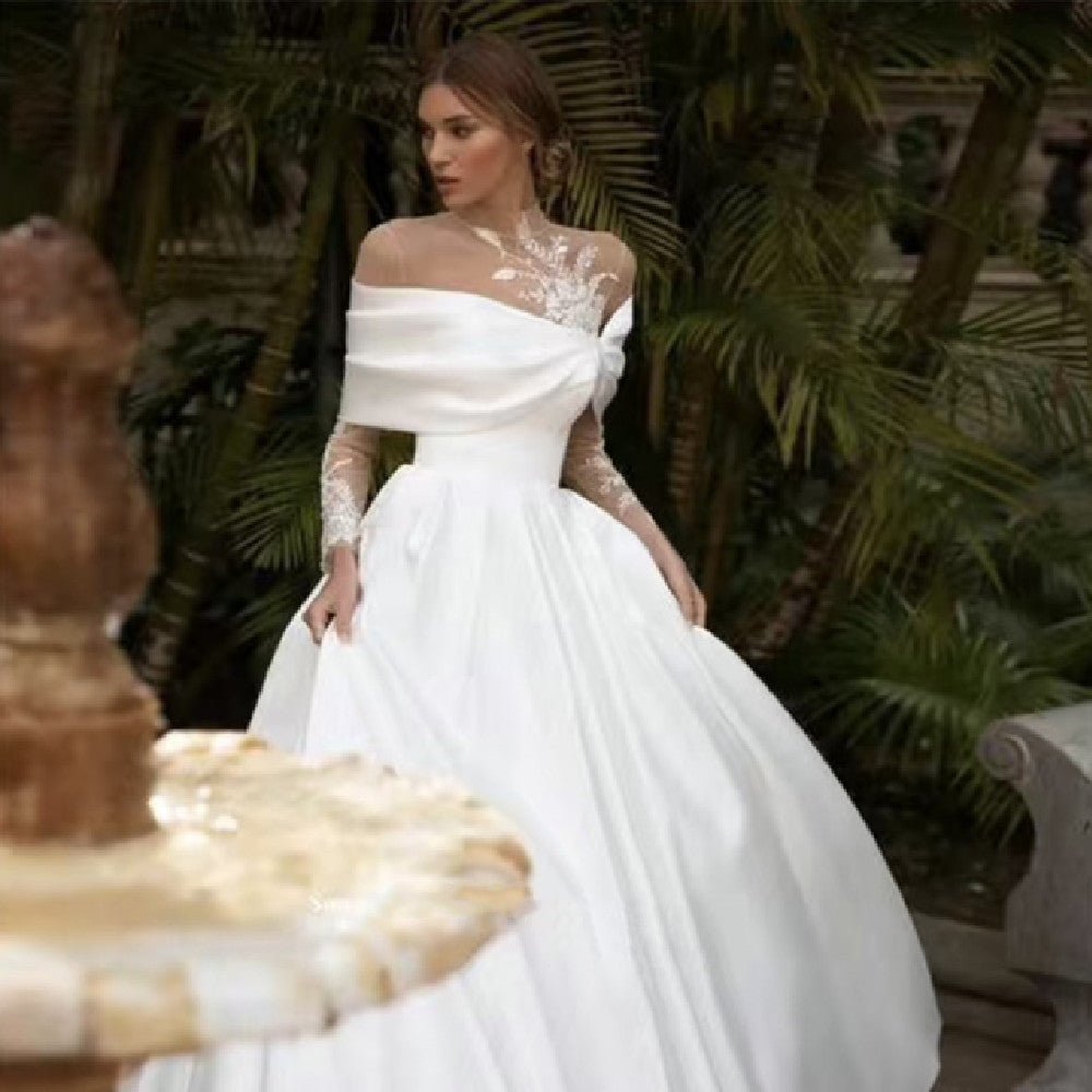 Raglan Sleeve Long Sleeve White Tutu Skirt Satin Wedding Dress - RICALOUX