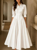 Cotton-linen Blend Single-breasted High-waisted Solid-color Dress by Ricaloux