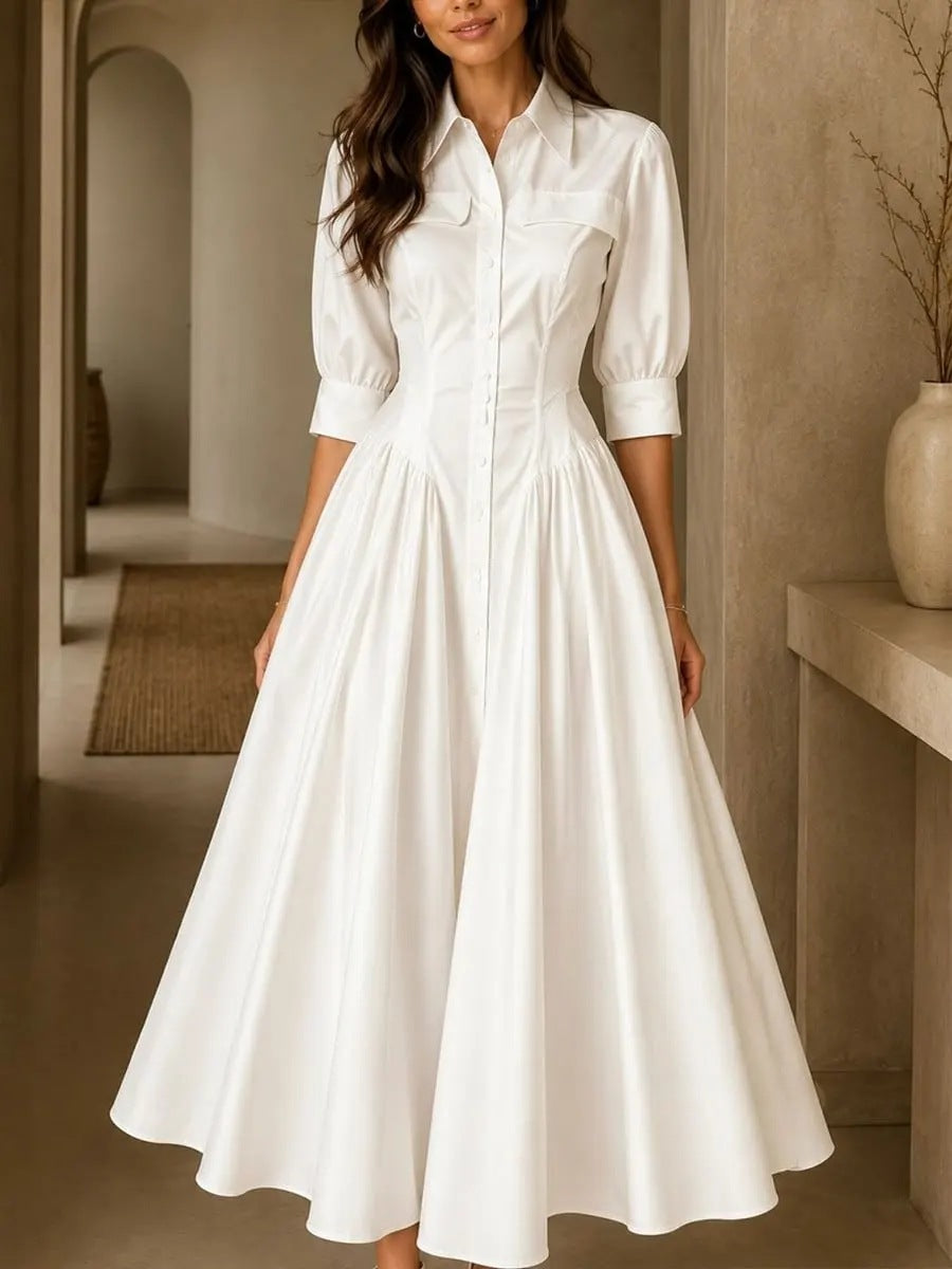 Cotton-linen Blend Single-breasted High-waisted Solid-color Dress by Ricaloux