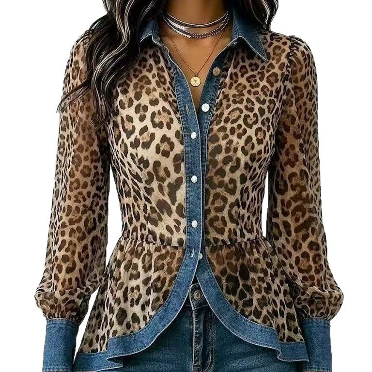 New Womens Leopard-Print Patchwork Denim Long-Sleeve Shirt by Ricaloux