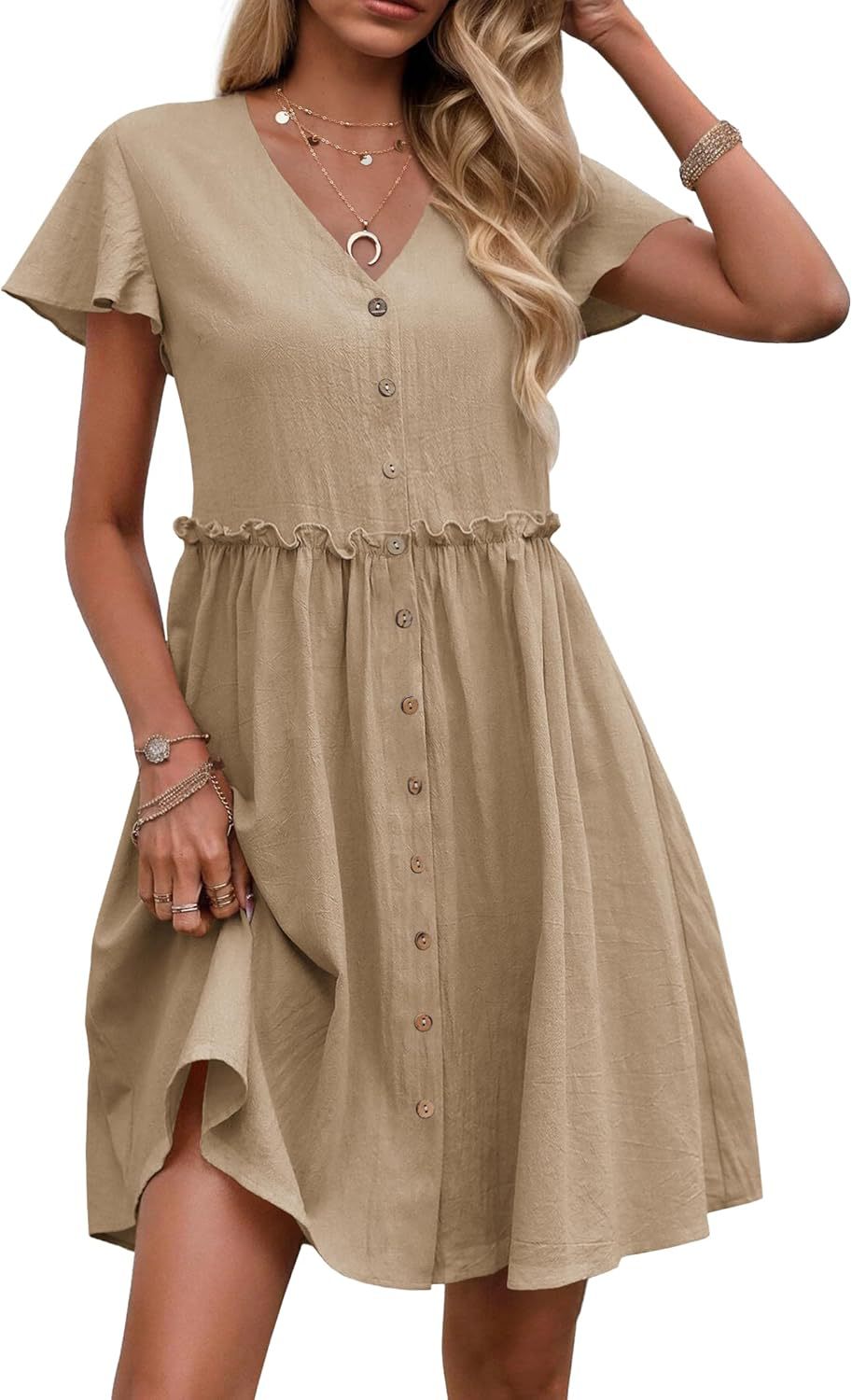 Bohemian-style Vacation V-neck Short-sleeve Ruffled Womens Dress by Ricaloux
