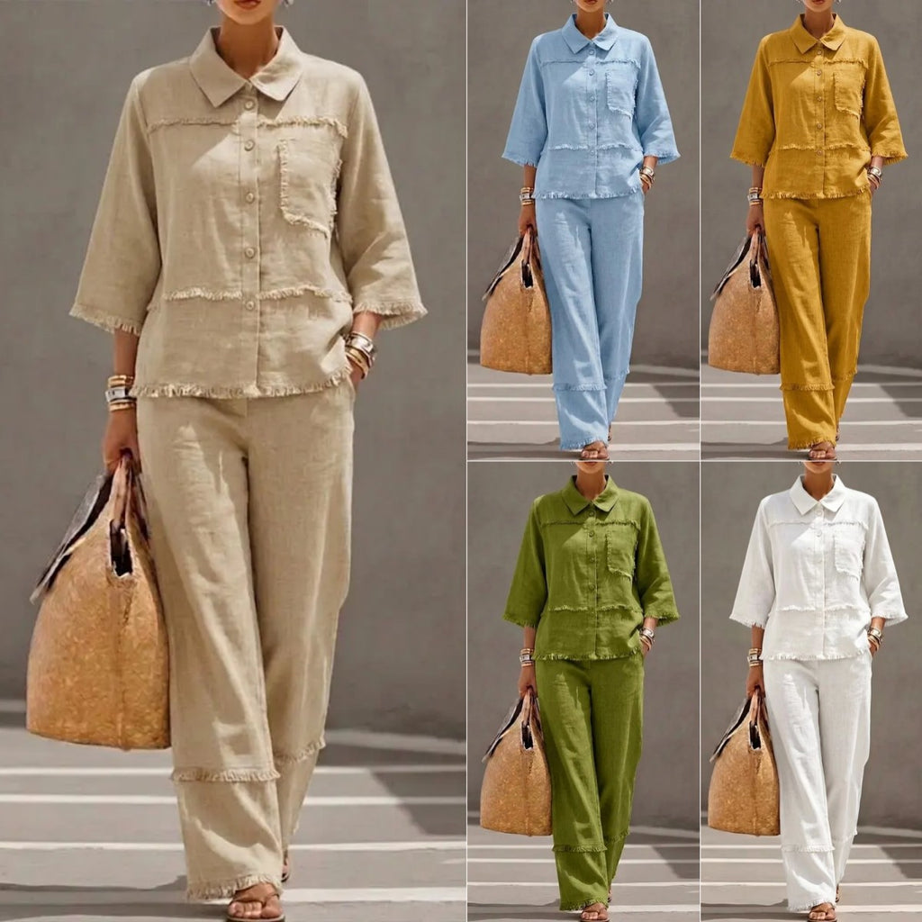Stylish Casual Lapel Shirt Set With Raw-edged Blouse by Ricaloux