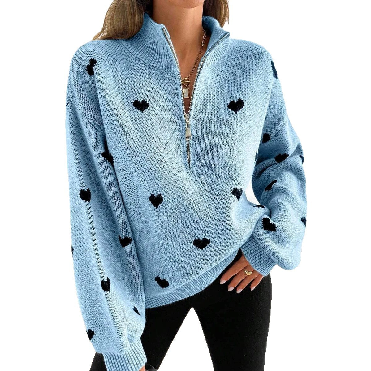 Womens Knitted Long-sleeve Sweater With A Heart-pattern Zipper – Premium 0 | RICALOUX