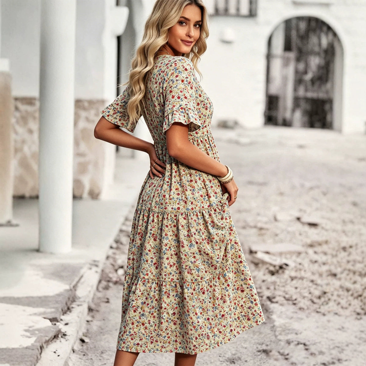 Casual Bohemian V-neck Short-sleeve Flowing Long Beach Dress by Ricaloux