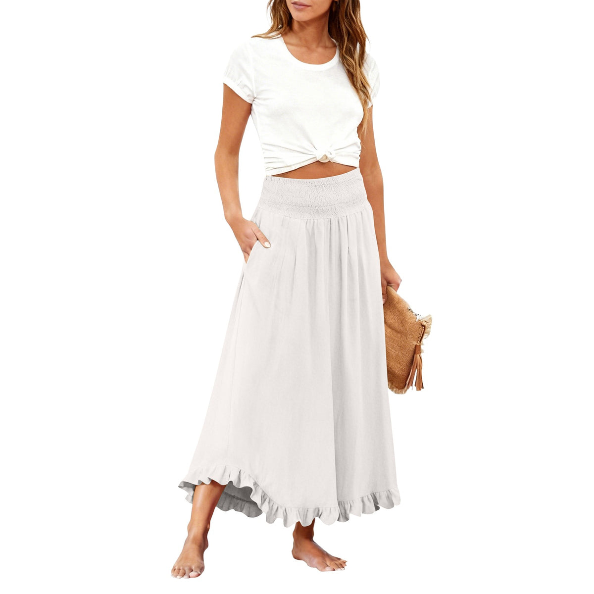 High-waisted Elastic-waist Long Skirt With Ruffled Hem by Ricaloux