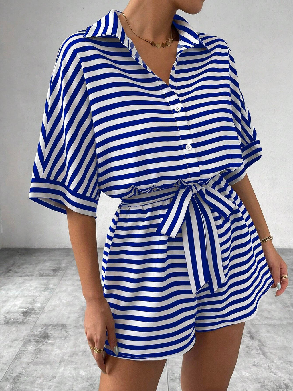 Women's Short Sleeve Striped Short Jumpsuit, Button Front Design With Waist Belt – Premium 4 | RICALOUX