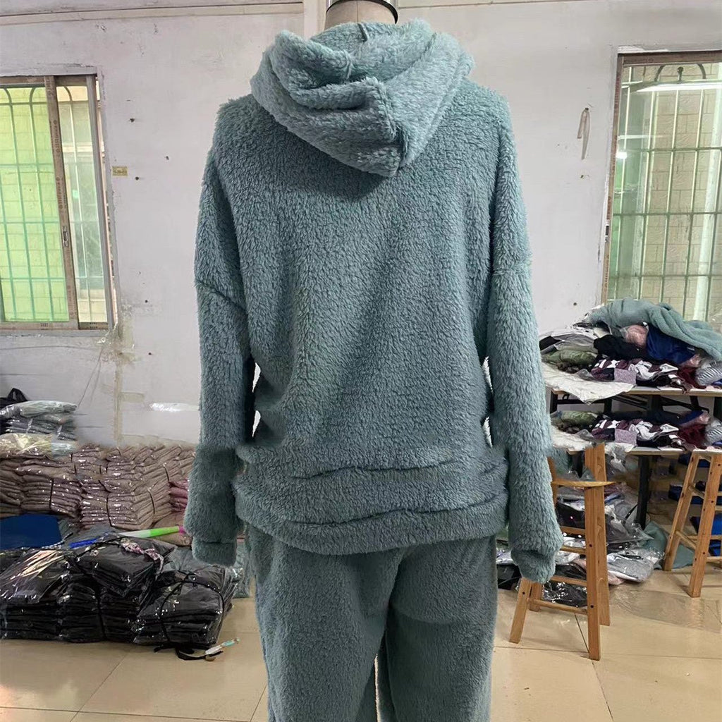 Fleece-lined Hooded Long Sleeve Dimensional Patch Pocket Casual Trousers Solid Color Suit - RICALOUX