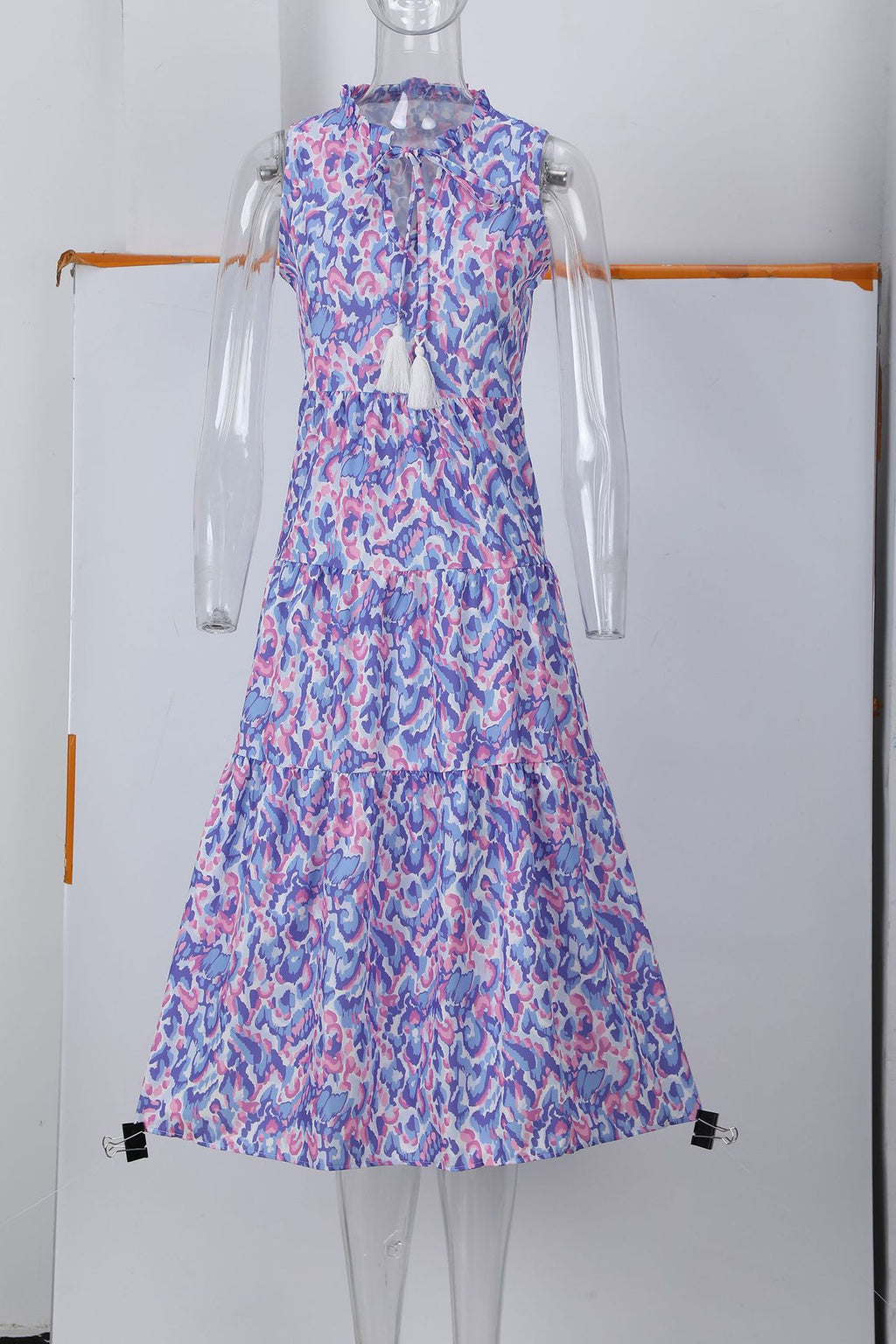Sleeveless V-neck Tassel Abstract-print Dress by Ricaloux