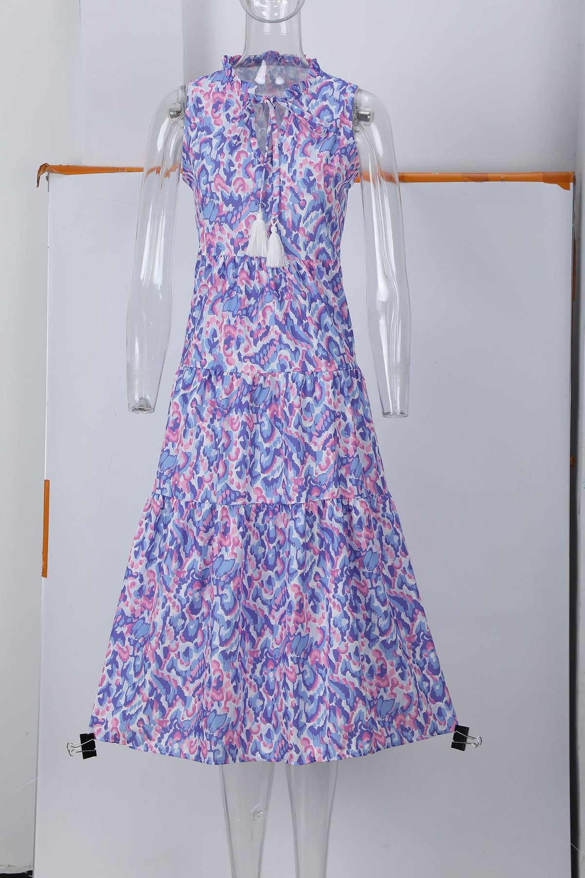 Sleeveless V-neck Tassel Abstract-print Dress by Ricaloux