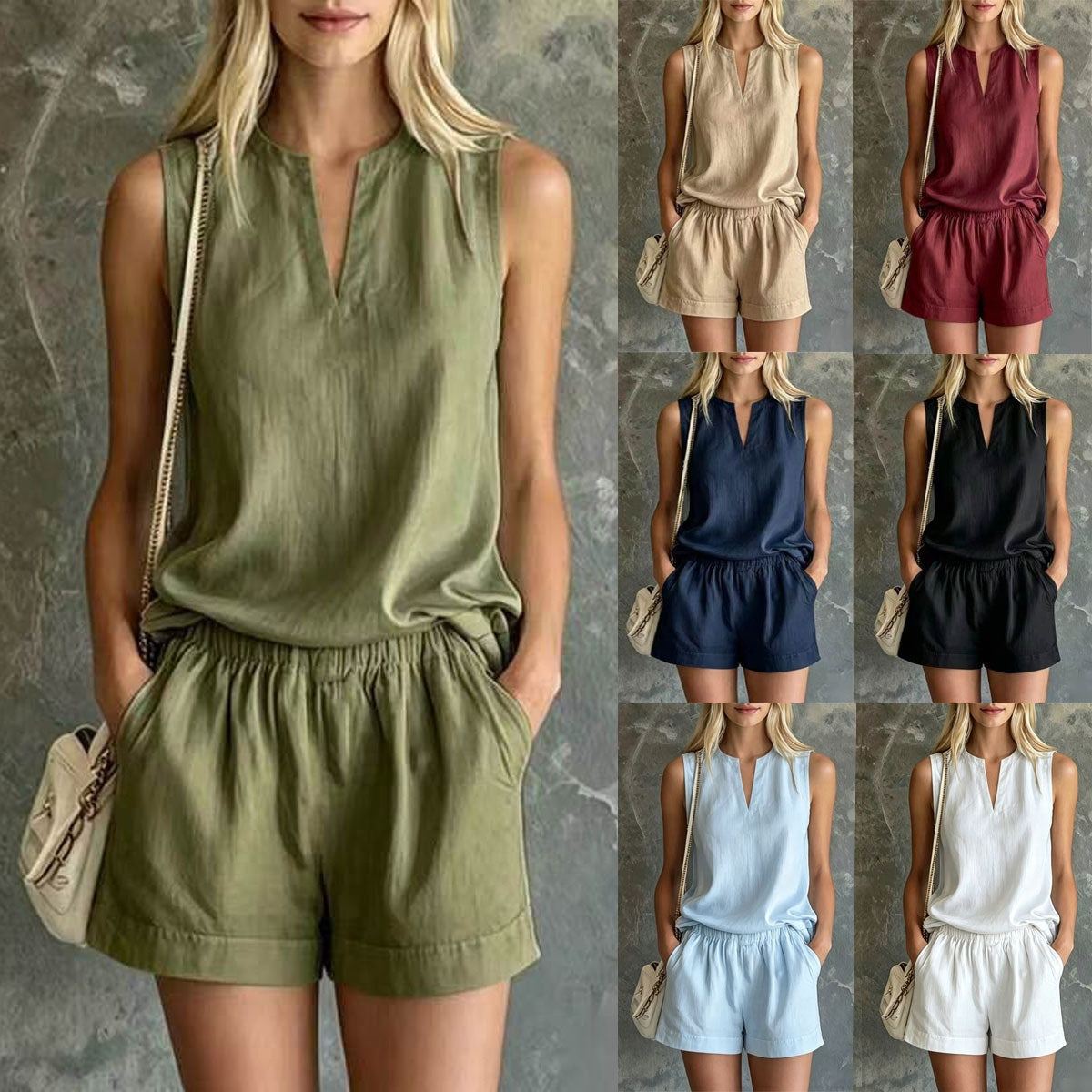 Casual Commuter Cotton-Linen V-Neck Sleeveless Top And Shorts Two-Piece Set by Ricaloux